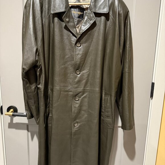 Men's Leather Trench Coat - Olive Green - Picture 1 of 14